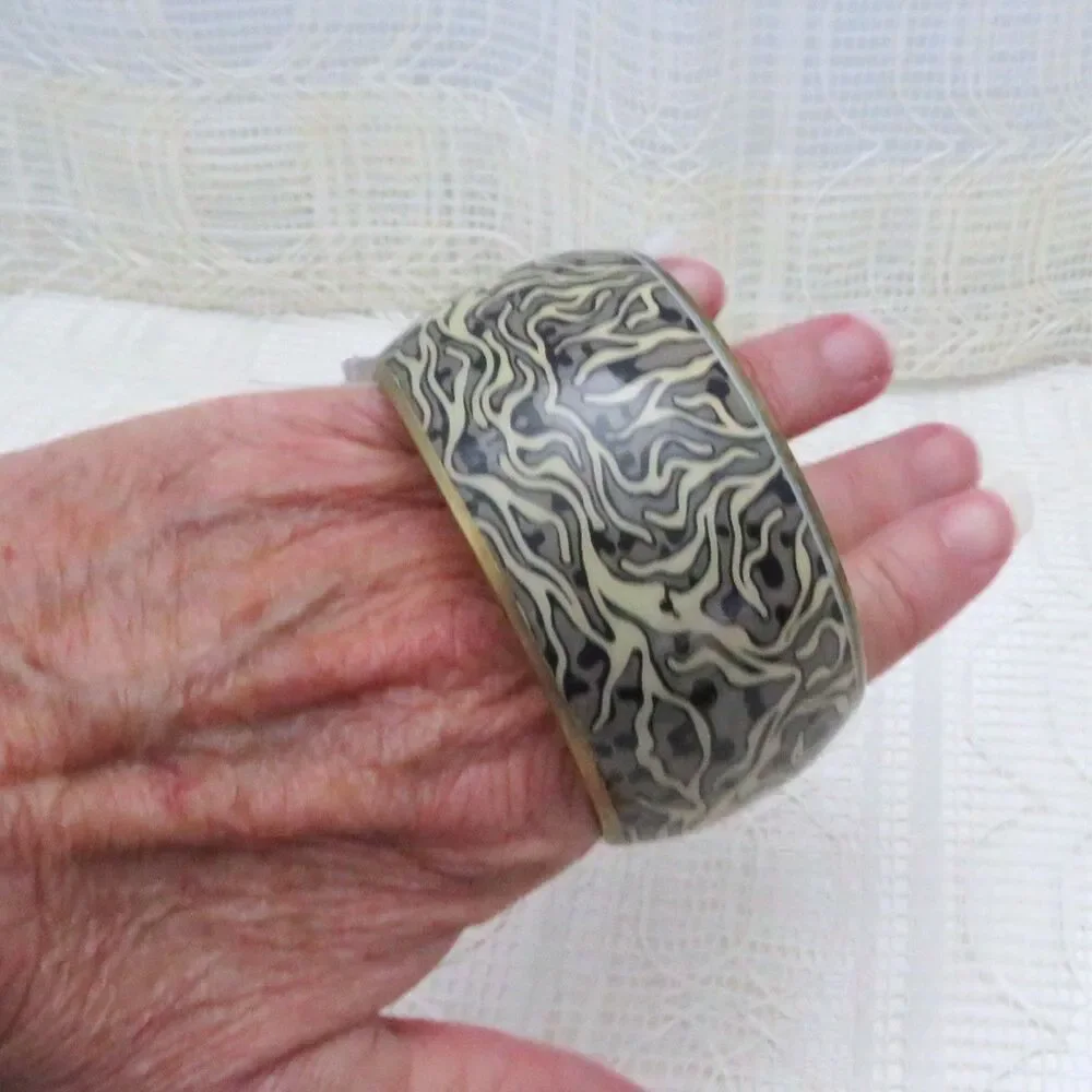 Bangle Bracelet Wide Metal Tan and Black Pattern Women Casual Chunky Neutrals
